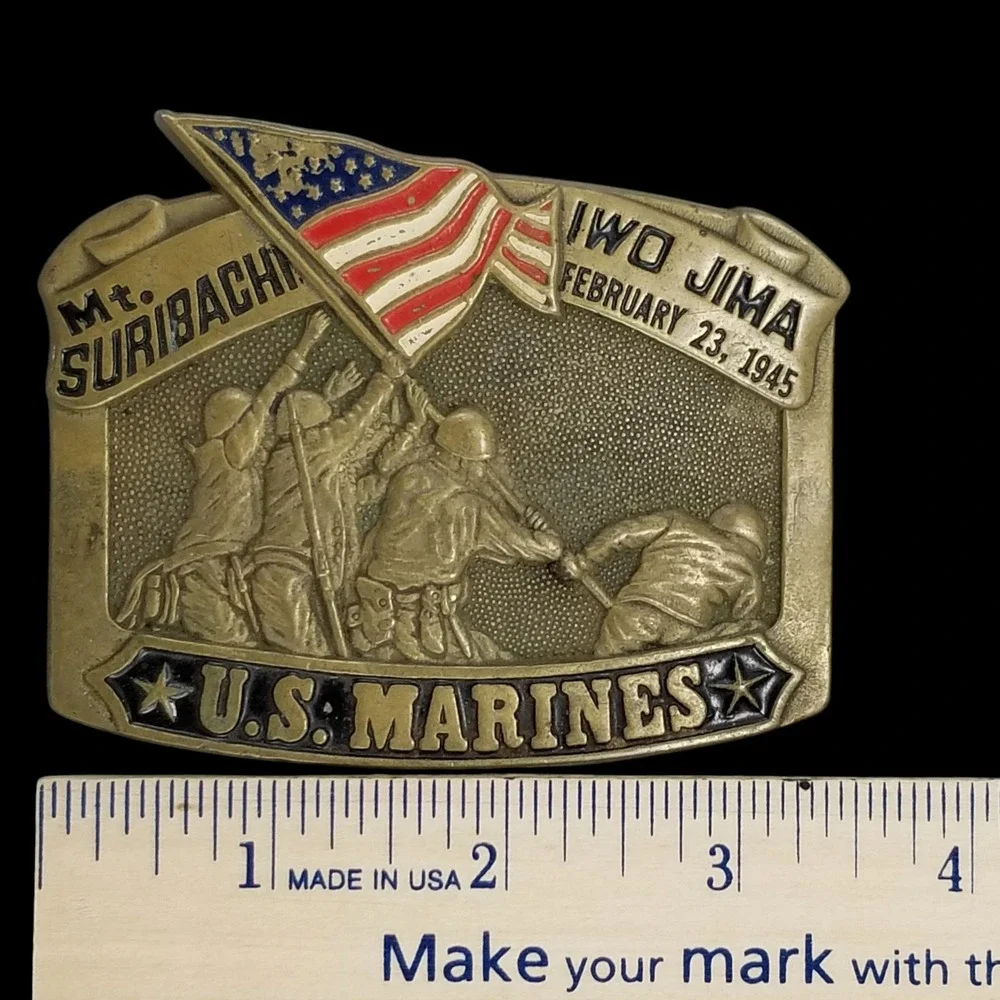 1982 Baron Buckles US Marines Iwo Jima Mt. Suribachi‎ Solid Brass Belt Buckle